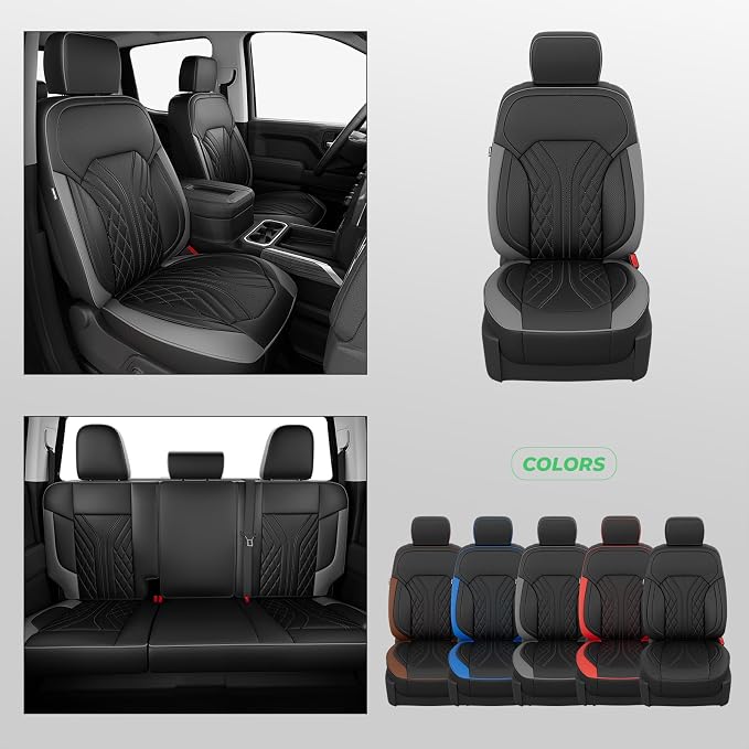 Truck Leather Seat Covers for Chevy Silverado Gmc Sierra 2019-2026 | Crew Cab 1500/2500/3500HD, Bucket Seat, NO Rear Seatback Storage, Scratch-resistant, Easy-clean, Pickup Protector, Full Set