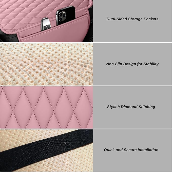 Ouzorp Car Center Console Cover, Upgraded Microfiber Leather Car Arm Rest Cover with 2 Storage Bags Universal Armrest Cover for Car Storage Box Car Interior Accessories Protector for Most Vehicle-Pink