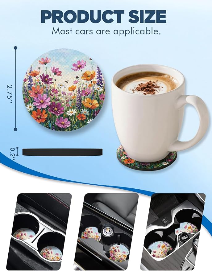 WOCOCN Car Coasters for Cup Holders - 2 Pack 2.75" Universal Rubber Car Cup Coaster, Non-Slip Waterproof Car Interior Accessories, Cute Car Decor Gifts for Women and Men (Oil Painting Flowers)