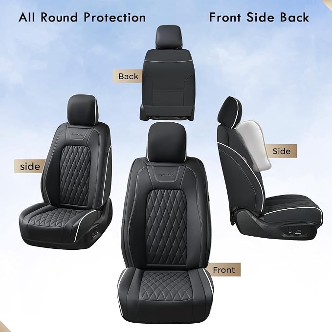 Coverado Premium Leather Front Seat Covers Waterproof Heavy-Duty Protectors Custom Fit for Ford F150 (2015-2026) F250/F350/F450 (2017-2026)-Black w/White Stitching, Wear-Resistant