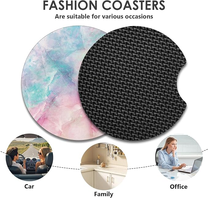 2 Pack Car Coasters,2.75-inch Neoprene Non-Slip Cup Holder Coasters for Car,Cute Car Interior Accessories for Men and Women,Colored Marble