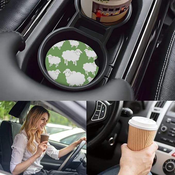 Ceramic Car Cup Coasters 2PCS - Sheep | with Cork Back & Finger Slot, Anti-Slip Shock Absorbing, Universal Car Interior Accessories for Men Women