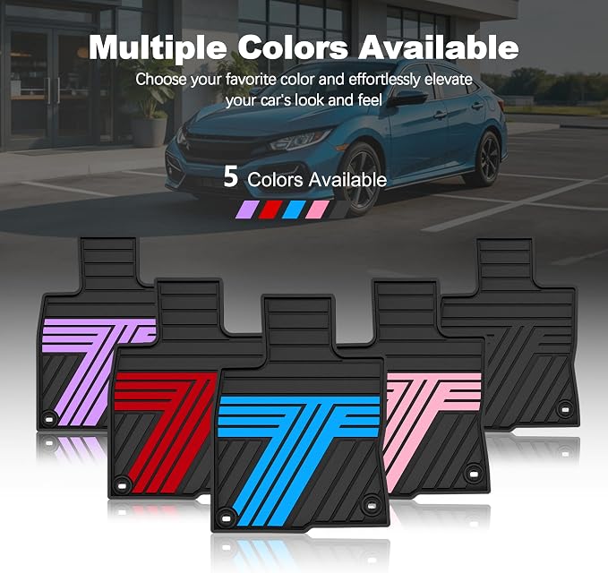 Rubber Floor Mats for Honda Civic Sedan 2016-2021 | All Weather Heavy Duty Car Mats Also Fit for Hatchback 2017-2021 & Coupe 2016-2020, 1st & 2nd Row, Black & Blue