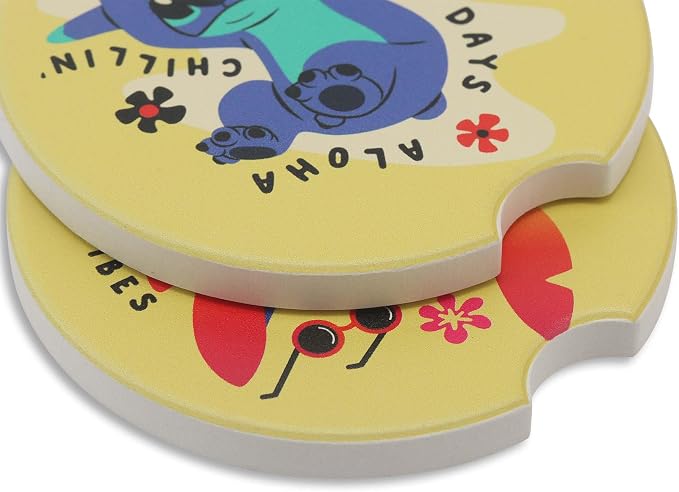 Disney Lilo and Stitch Tropical-Themed Ceramic Car Coasters - Fun Auto Coasters - Set of 2 - Great Gift Idea