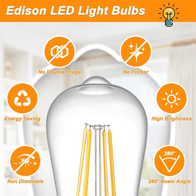 Ascher Vintage LED Edison Bulbs 6W, Equivalent 60W Incandescent, Non-Dimmable, Warm White 2700K, ST58 Antique LED Filament Bulbs with 80+ CRI, E26 Medium Base, Clear Glass, 6-Packs