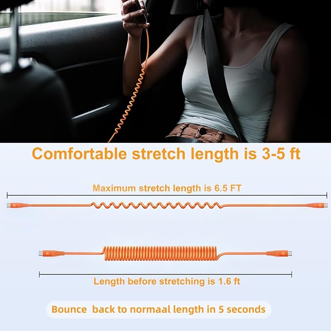 USB C to C Cable 6FT, 2Pack Coiled USB C Fast Charging Cable for CarPlay | iPhone USB-C Cable/Android Auto USB C Cord USB Type-C Cable for iPhone 17/16/15/Pro Max/Samsung Galaxy S26 and More-Orange