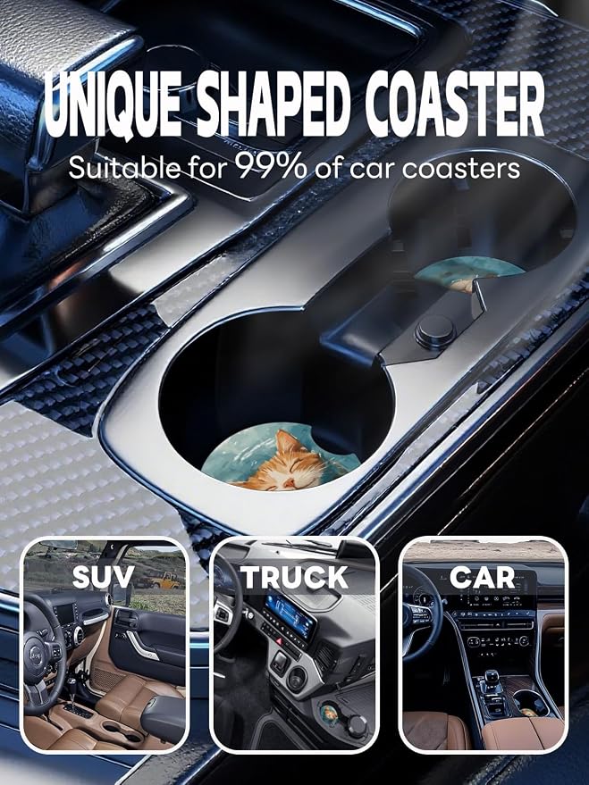 WOCOCN Car Coasters,Cup Holder Coasters for Car,2.75inch Anti Slip and Absorbent,Cute Automotive Interior Accessories for Cup Holder,Pack of 2 (Smiling Cat)