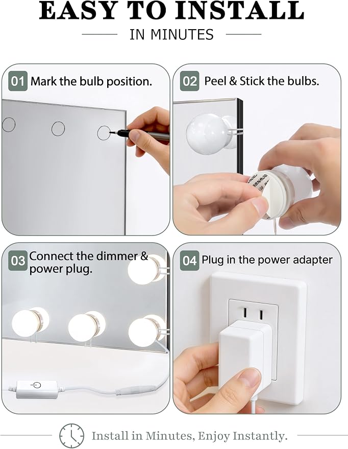 Waneway 14 Bulb Vanity Lights for Mirror, Plug-in Power Adapter & Touch Dimmer, 6,000K, 1350 Lumens (Mirror Not Included)