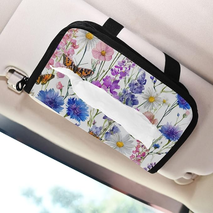 Pink Bluebonnets Daisy Car Tissue Holder Durable Napkin Holder Hanging Tissue Holders Case Car Tissues Bag for Sun Visor Seat Back Universal Auto