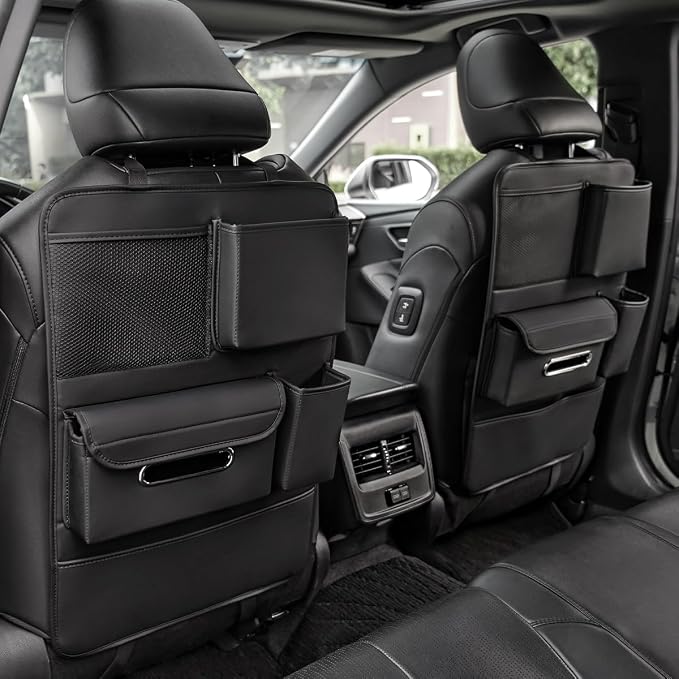 Backseat Car Organizer Including Tissue Holder, Car Interior Organization for Phone Sunglasses Cup Charger Umbrellas, Seat Anti-dirty Protection Pad, Multifunctional Leather Auto Accessories