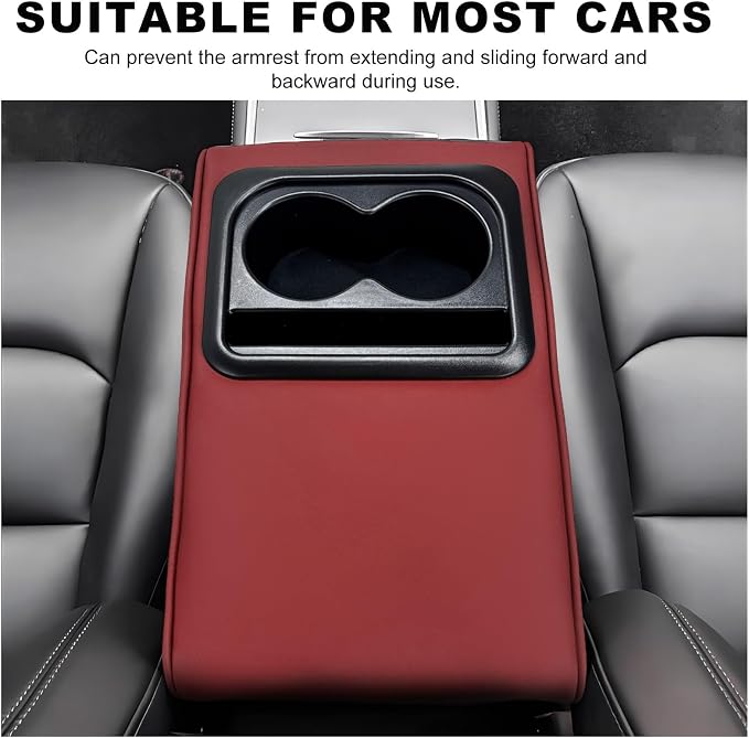 Car Center Console Armrest Pillow, Memory Foam Auto Armrest Box Cover with Cup Holder & Phone Holder, Waterproof Leather Arm Rest Protector Cushion, Interior Car Accessories (Wine Red)