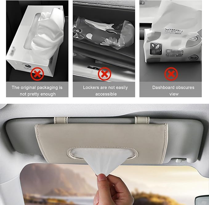 Car Visor Tissue Holder, Leather Auto Paper Towel Case Sun Visor Napkin Dispenser with 1 Pack Tissues, Rectangular Backseat Paper Towel Storage Holder for Most Vehicles (Beige)