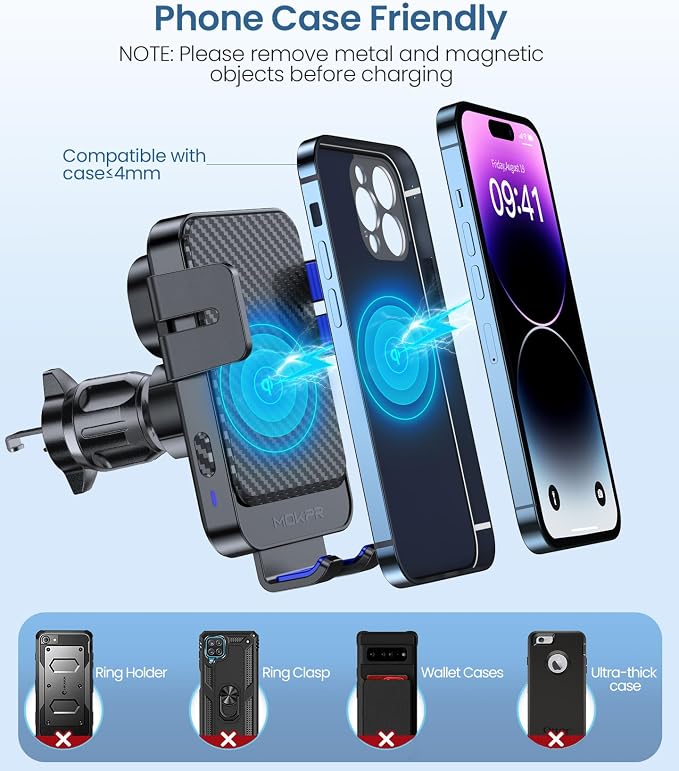 Wireless Car Charger, MOKPR 15W Fast Charging Auto-Clamping Car Mount Hands-Free Car Charger Mount for Dash Windshield Air Vent Compatible with iPhone 16 15/14/13/12, Samsung S23/S22/S21,Blue