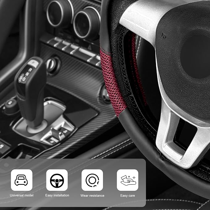 Sun Walker Steering Wheel Cover, 15 inch Breathable Steering Wheel Protector with Anti-Slip Lining, Comfortable Wheel Wrap Cover for Most Vehicles, Universal Car Accessories (Red)