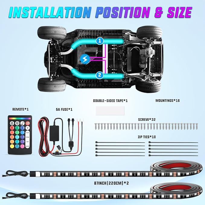 Nilight 2PCS Golf Cart Underbody Lights Kit RGB Multi-Mode LED Neon Accent Lighting Lamp APP Remote Control Sound Active Music Sync IP67 Waterproof 12V-66V for EZGO Yamaha Club Car