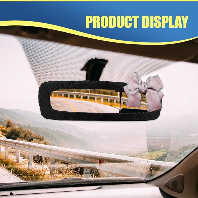 Bow Car Rearview Mirror Cover, Plush Auto Rear View Mirror Elastic Dustproof Protector, Universal Vehicle Interior Mirrors Edge Decoration Accessory for Cars, SUVs, Trucks (Pink)