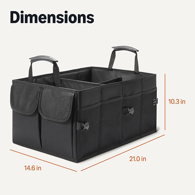 Amazon Basics Car Boot Organiser, Multi-Compartment Trunk Storage Box, Foldable, 51L Capacity, Black
