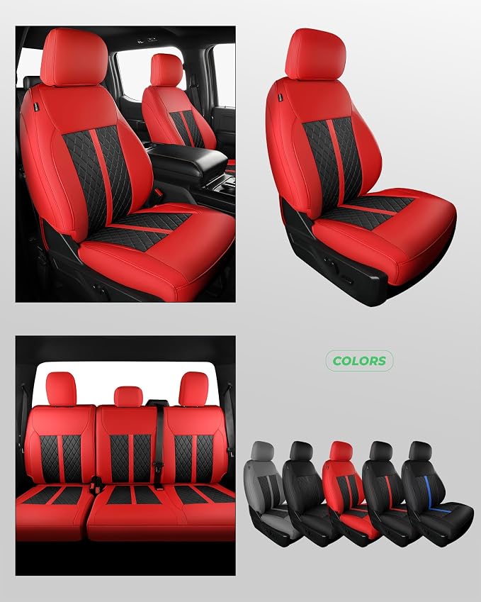 for Ford F150 Leather Seat Covers, SuperCrew XL XLT 2021-2026, F250 F350 F450 Super Duty Crew Cab 2023-2026, Custom Truck Seat Cover Full Set, Pickup Accessories, Red Black (Bucket Seat)