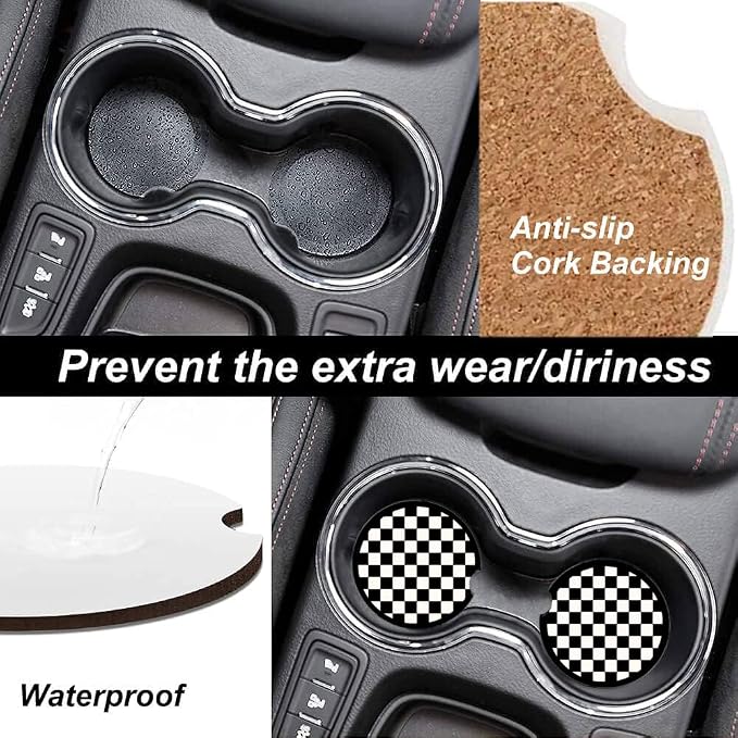 Absorbent Car Cupholder Coaster 2 Pack, Cute Car Coasters with a Finger Notch for Women & Men,2.56" Ceramic Stone & Non-Scratch Cork Base Drink Coasters (Checkerboard)