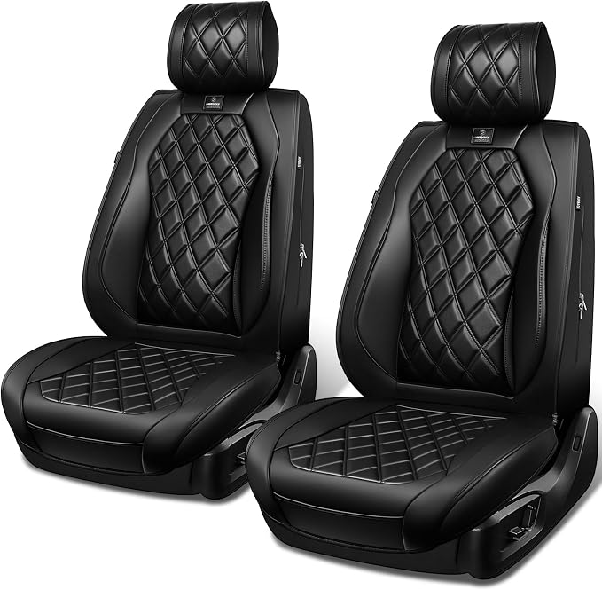 CAR PASS Luxury Nappa Leather Front Seat Covers, Waterproof Lumbar Support Seat Covers, Universal Anti Slip Seat Cushion Fit for Most Sedan SUV Truck Van, Armrest Airbag Compatible Rhomb Pure Black