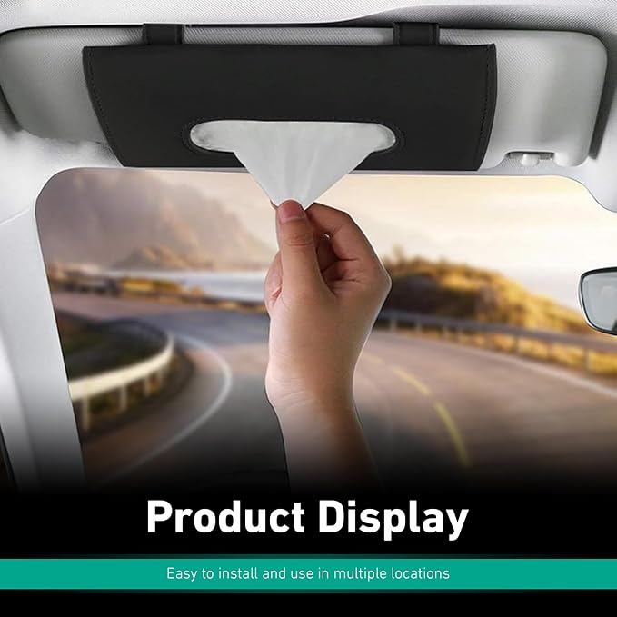 Car Tissue Holder, Premium PU Leather Sun Visor Napkin Holder, Universal Sun Visor Mount Tissue Box for SUV Truck Vehicle Interior, Easy to Use (Black)