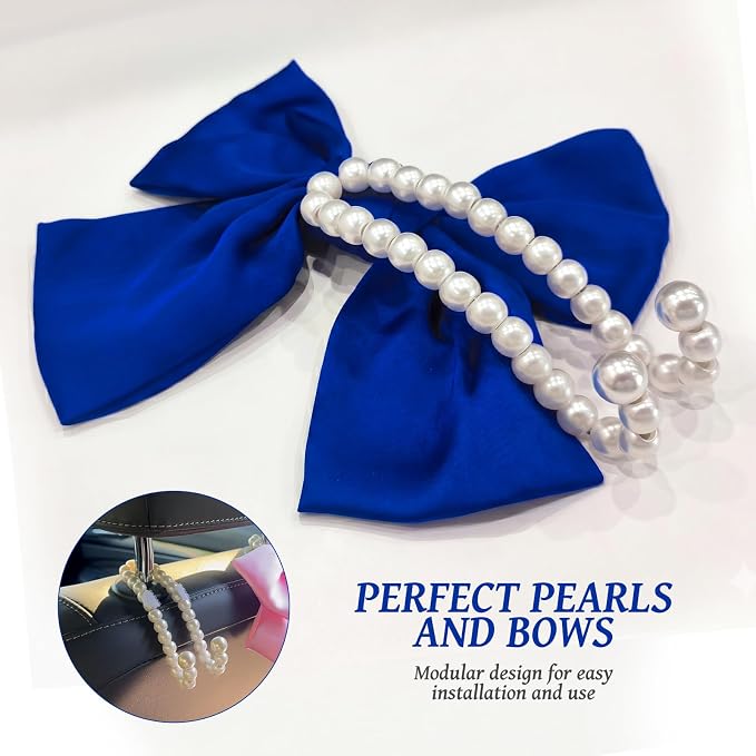 2 PCS Bow Pearl Car Seat Headrest Hook β Cute Purse Hook for Car, Girly Interior Decoration Accessories Hook Hanger, Seatback Holder for Purses & Bags, Elegant Car Organizer (Deep Blue)