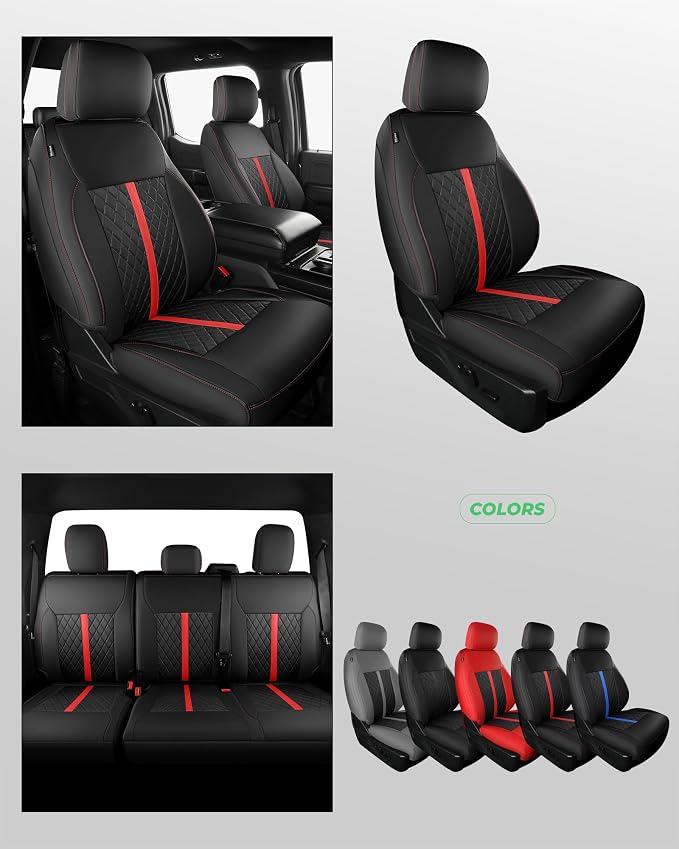 for Ford F150 Leather Seat Covers, SuperCrew XL XLT 2021-2026, F250 F350 F450 Super Duty Crew Cab 2023-2026, Custom Truck Seat Cover Full Set, Pickup Accessories, Black Red (Bucket Seat)