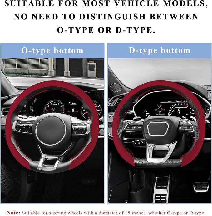Steering Wheel Cover, 15 Inch Anti-Slip Breathable Steering Wheel Protector Auto Interior Decor, Heat-Resistant Comfort Grip Wheel Cover Universal for Most Cars Trucks SUVs (Wine Red)