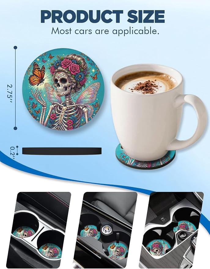 WOCOCN Car Coasters for Cup Holders - 2 Pack 2.75" Universal Rubber Car Cup Coaster, Non-Slip Waterproof Car Interior Accessories, Cute Car Decor Gifts for Women and Men (Butterfly Skull)