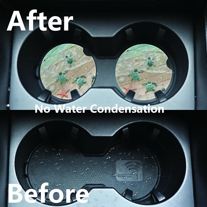 2pcs Cute Sea Turtles Car Coasters,Absorbent Universal neoprener Cup Holder Coasters with a Finger Notch,Car Accessories for Women&Man Interior,2.75"
