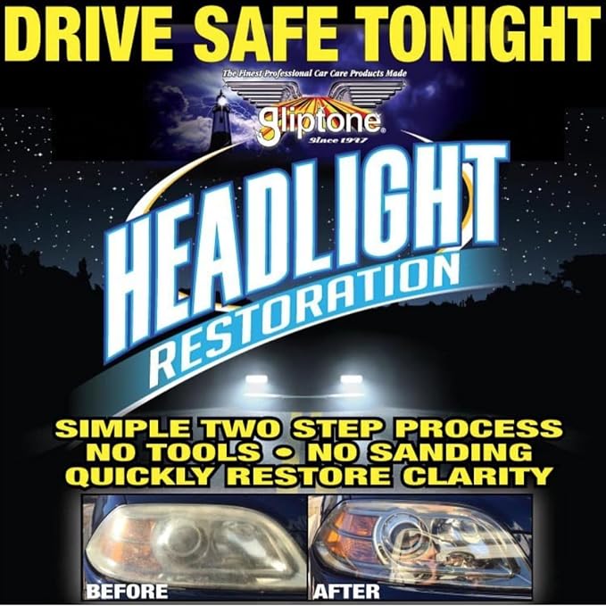 Gliptone Headlight Restoration Kit, Restores 4 Headlights, Guaranteed, Easy 2 Step Process, 7 Piece Kit, No Sanding or Tools Required | Restores Up to 4 Headlights, No Sanding or Tools Required, UV Protection & Clear Poly Coating, Easy 2-Step Process