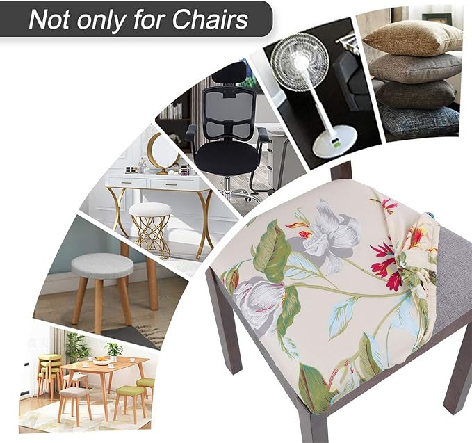 SearchI Seat Covers for Dining Room Chairs Stretch Printed Chair Seat Covers Set of 6, Removable Washable Upholstered Chair Seat Protector Cushion Slipcovers for Kitchen, Office(Beige+Flowers)