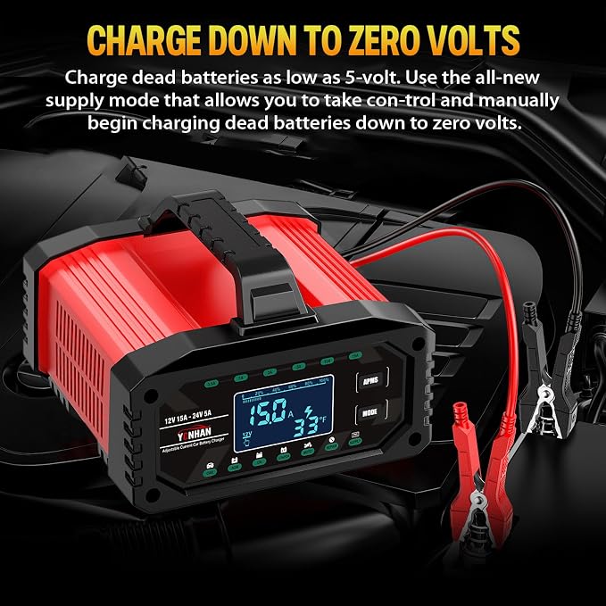YONHAN Battery Charger 0-15A 12V/24V Adjustable Current | LiFePO4 Car Battery Charger, Battery Maintainer Automatic Trickle Charger, Battery Desulfator w/Temp Compensation