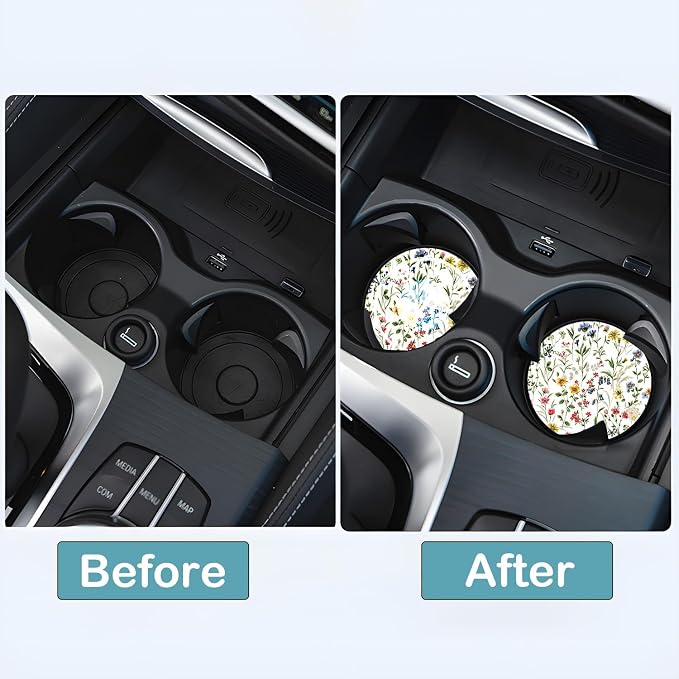 Car Cup Holder Coasters, 2 Pack – 2.75" Universal Auto Anti-Slip Insert Coaster, Rubber Car Coasters, Personalized Car Accessories for Women & Men (Wildflowers)