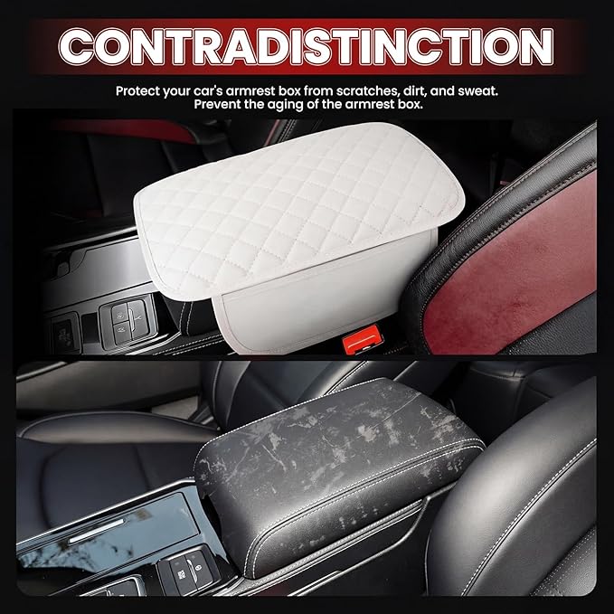 Car Middle Center Console Cover with 2 Storage, Universal Microfiber Leather Car Armrest Cover Cushion for for Most Vehicles, Memory Foam Comfort Stylish Leather Scratch-Resistant, Thickened(White)