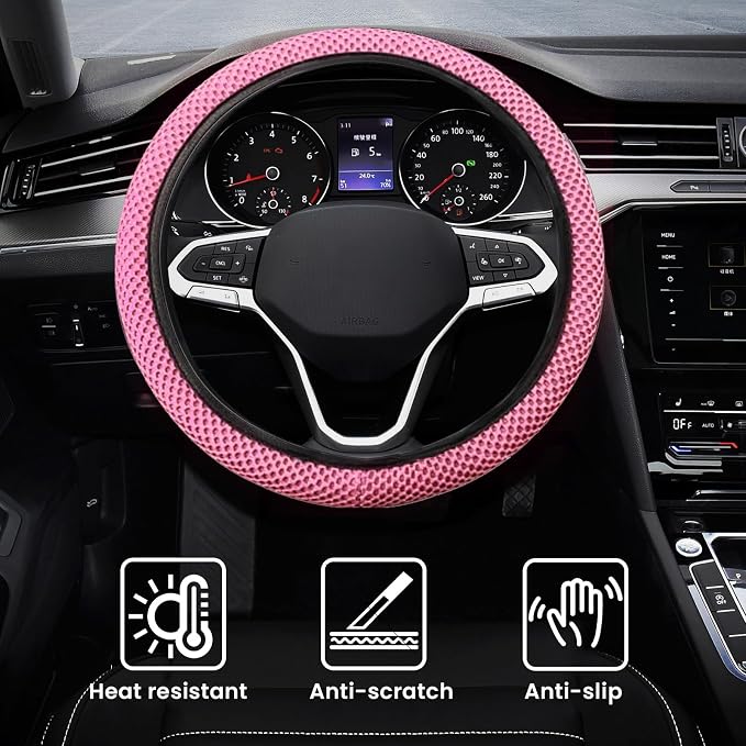 Elastic Stretch Car Steering Wheel Cover, Comfortable Steering Wheel Cover Universal for 14.5-15 Inch, Warm in Winter & Cool in Summer, Anti-Slip Breathable Ice Silk (Pink)