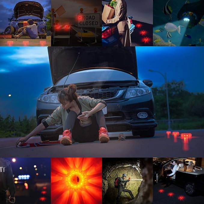 HEIGPAN GP906B Rechargeable LED Road Flares Emergency Lights Kit Roadside Warning Car Traffic Safety Beacon Flashing Disc Flare 9 Modes Strobe with Magnetic Base for all vehicles,6 Pack