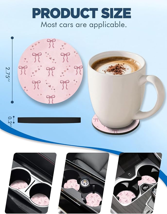 WOCOCN Car Coasters for Cup Holders - 2 Pack 2.75" Universal Rubber Car Cup Coaster, Non-Slip Waterproof Car Interior Accessories, Cute Car Decor Gifts for Women and Men (Ribbon Bow)