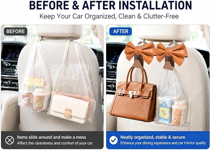 2 Pack Car Purse Holder for Handbags and Bags, Headrest Back Seat Hooks for Cars, Car Bag Hanger for Groceries, Coats, Umbrellas and Daily Essentials, Bow-Shaped Car Interior Organizer (brown)