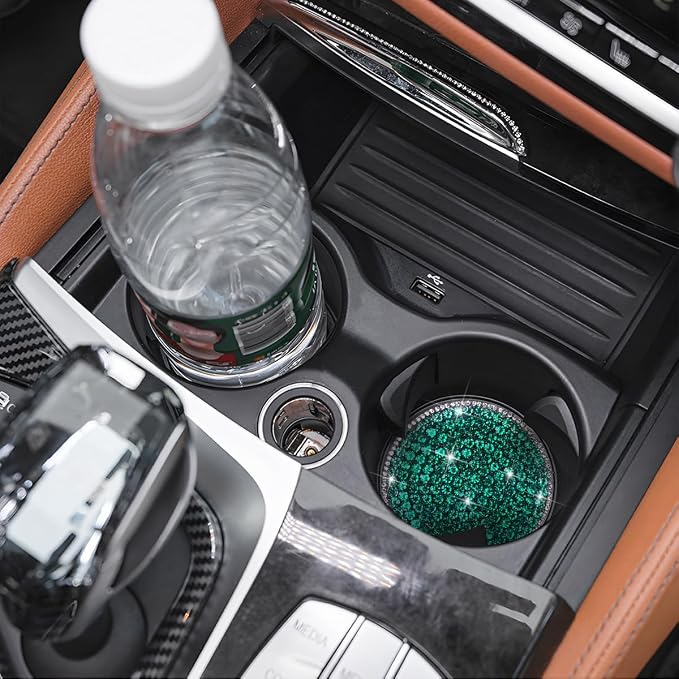 Bling Car Cup Holder Coaster, 2PCS 2.75 Inch Crystal Rhinestone Anti Slip Vehicle Drink Cup Mat for Women Girls, Auto Interior Embedded in Ornaments. Universal for SUV RV Truck (Light Green)