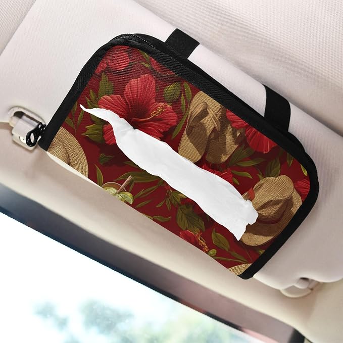 Hot Red Tropical Hibiscus Car Tissue Holder Durable Napkin Holder Hanging Tissue Holders Case Car Tissues Bag for Sun Visor Seat Back Universal Auto
