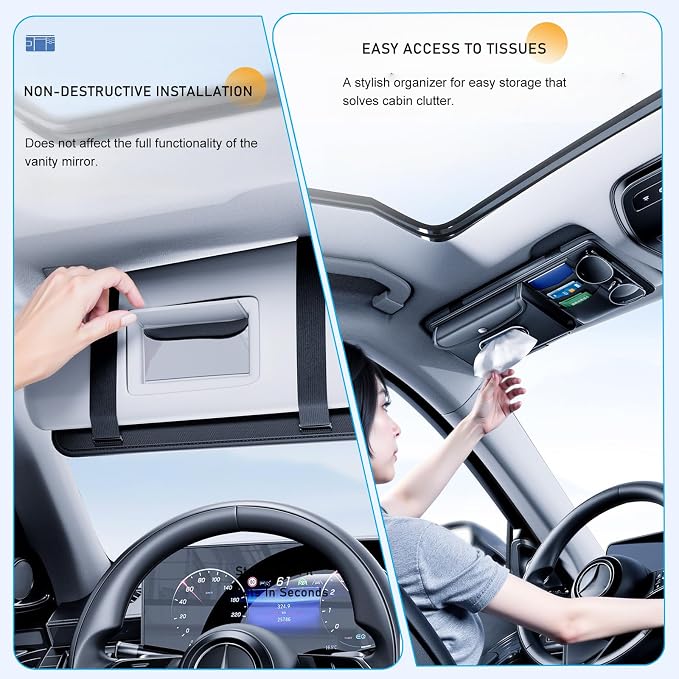 Tumecos Car Sun Visor Organizer with Tissue Holder, Auto Consoles Organizer with Sunglass Clip,Multi-Pocket Visor Accessories for Truck, SUV,Card/Pen/Driver's License Storage