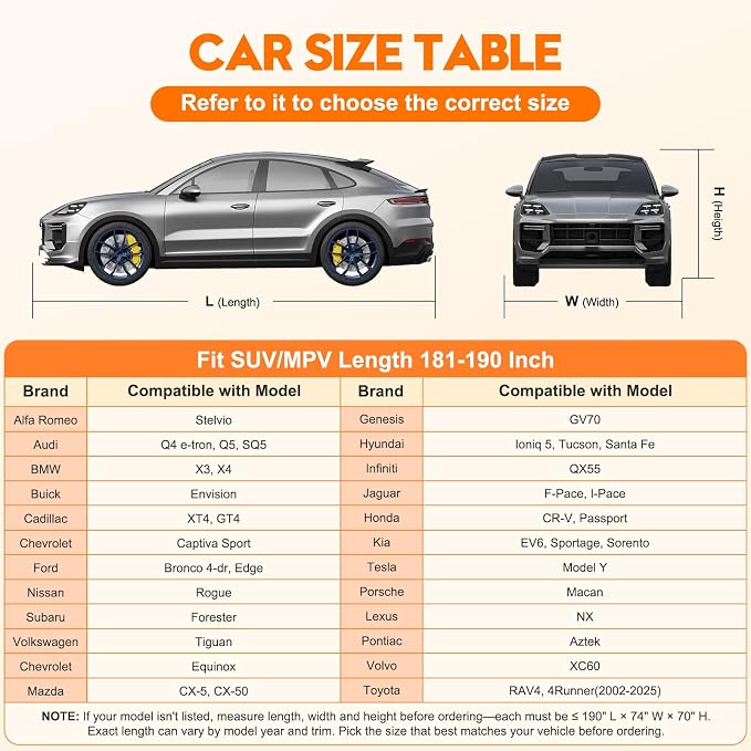 Layers Waterproof All-Weather Heavy-Duty Cover – Fits Nissan Rogue, Chevy Equinox, Audi Q5, Cadillac SRX/XT5, Kia Sorento, Mitsubishi Outlander & More, 180-190inch