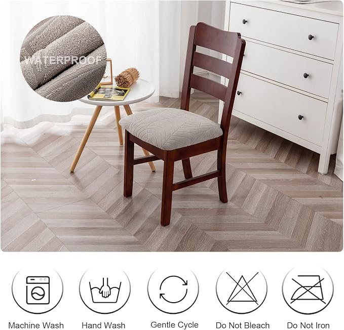 Genina Waterproof Seat Covers for Dining Room Chairs, Stretch Chair Covers Removable Washable Dinning Room Kitchen Chair Seat Cushion Slipcovers (Leaves-Warm Gray, 2 PCS)