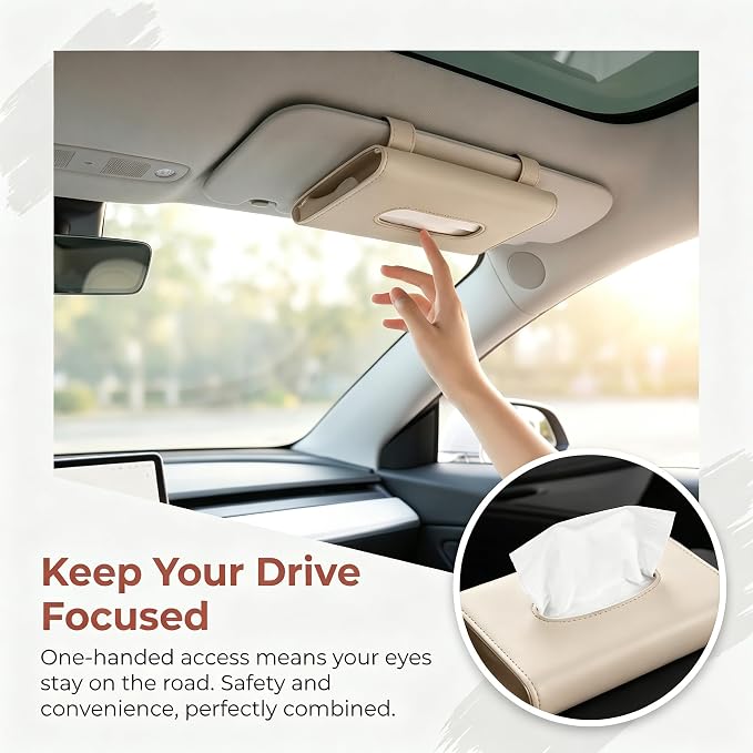 Car Tissue Holder, Visor Tissue Box for Car SUV Truck, Sun Visor Napkin Holder with Metal Clip, PU Leather Auto Interior Accessories (Beige)
