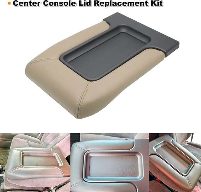 NHILES Center Console Lid Compatible with 1999-2007 Silverado Sierra | Fits 1999-2007 Avalanche Suburban Yukon Tahoe, Replaces OEM 19127364 19127365 19127366, Leather Cover, Beige