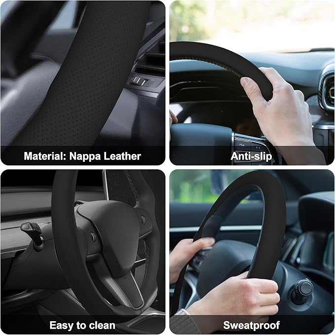 Frani Nappa Leather Steering Wheel Cover, 15 Inch, Black | Universal Fit, Non-Slip Breathable, Comfort Grip for Cars Trucks SUVs, Anti-Slip Durable