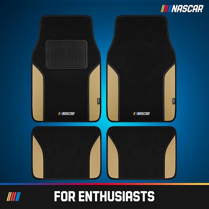 NASCAR Car Floor Mats, Carpet & Beige Leather Design Car Mats, Universal-Fit All-Weather Car Floor Mats with Built-in Heel Pad & Anti-Slip Backing, Durable Odorless Automotive Interior Accessories