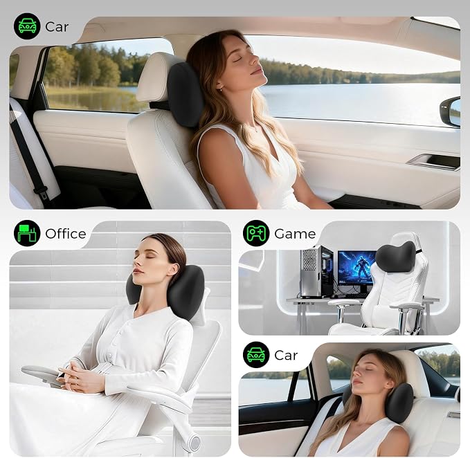 BEBAS Memory Foam Car Headrest Pillow - Breathable Neck Support Pillow for Driving, Universal Fit Cars/SUVs/Tesla/Toyota & Office Chair, Removable Cover (Black, Summer)