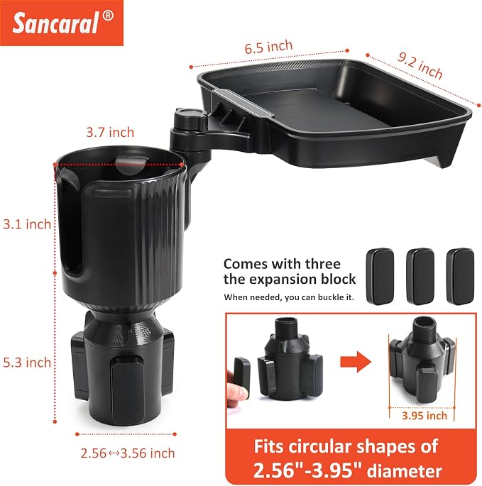 Car Large Cup Holder Expander, 2-in-1 Cupholder Extender with Swivel and Detachable Snack Food Tray Table for Eating, Travel Essentials for Road Trips for Driver. Model B